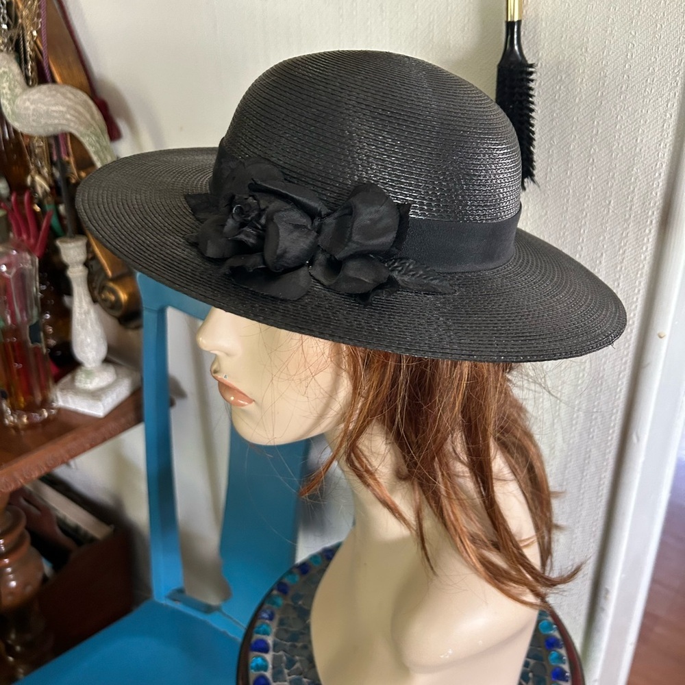 Vintage Black Straw Wide Brim Hat - image 3
